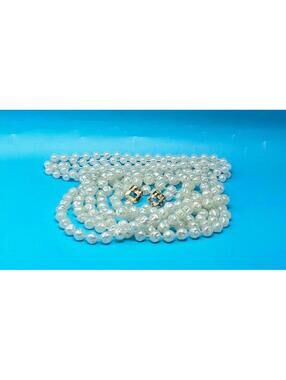 Vintage Long Faux Pearl Necklaces and Earrings with Gold Tones